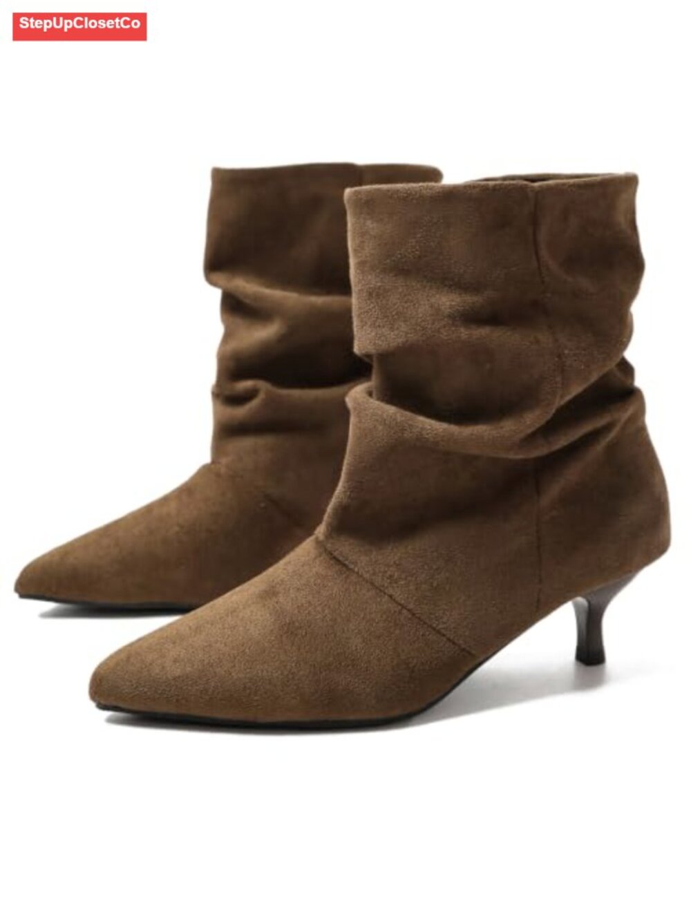 Faux Suede Slouch Ankle Boots Pointed Toe Kitten Heel Pull On Dress Boot
